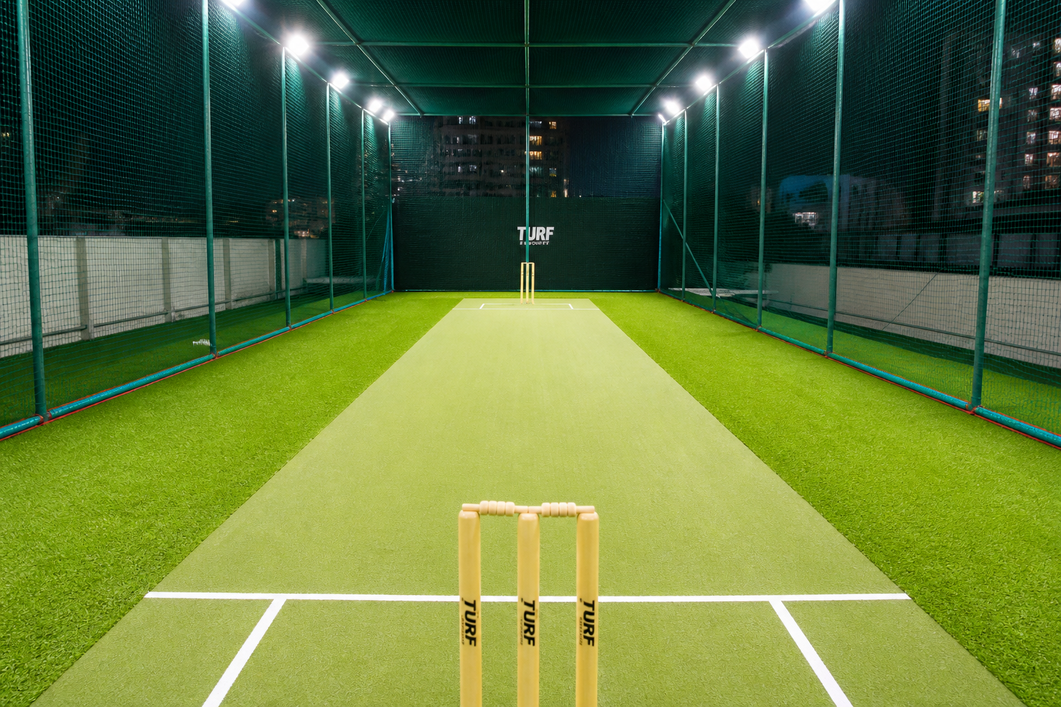 Box Cricket Court Inside View — Pitch and Nets